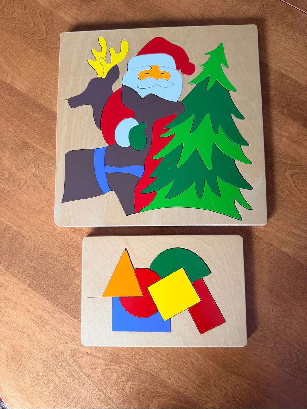 Wooden Santa and Shapes Puzzle Set - Red, Green, Yellow - Handmade, Vintage